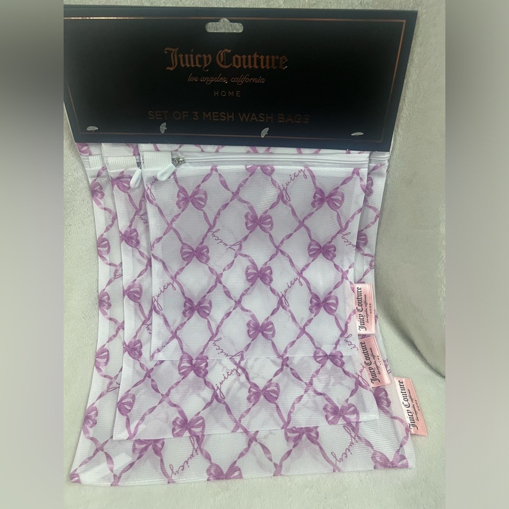 🛍️ Juicy Couture Home Set of 3 Mesh Wash Bags — Purple Bow Print